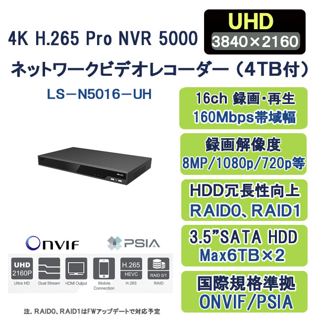 4K H.265+/H.265 NVRネットワークビデオレコーダーLS-N5016-UH 4TBHDD付