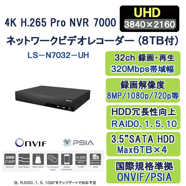 4K H.265+/H.265 NVRネットワークビデオレコーダーLS-N7032-UH 8TBHDD付